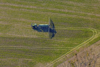 Aerial view, Tractor and agricultural spraying machine on a field, Paradiese, Soest, Soester Börde,