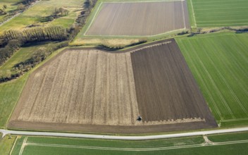 Aerial view, tractor and agricultural work on a field, paradise, Soest, Soester Börde, North