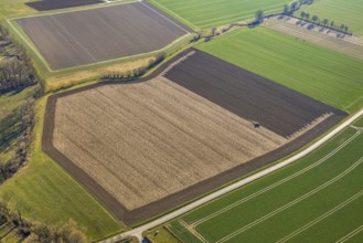 Aerial view, tractor and agricultural work on a field, paradise, Soest, Soester Börde, North