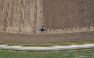 Aerial view, tractor and agricultural work on a field, paradise, Soest, Soester Börde, North