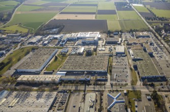Aerial view, commercial area Schlottweg, Kaufland supermarket, CEAG Notlichtsysteme, car parks,
