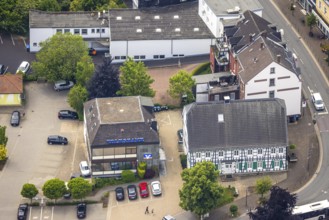 Aerial view, Volksbank head office Mühlenstraße, half-timbered house Schultenhof Leveringhaus,