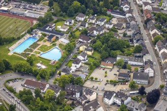 Aerial view, outdoor swimming pool Sprockhövel at Baumhof stadium, on the right Volksbank