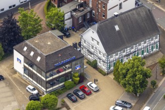 Aerial view, Volksbank head office Mühlenstraße, half-timbered house Schultenhof Leveringhaus,