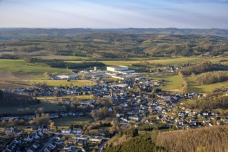 Aerial view, town centre Stockum (Sauerland) with catholic St. Pankratius church,