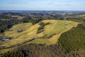 Aerial view, local view and blue sky with distant view, observation tower Schomberg Richtfunkturm,