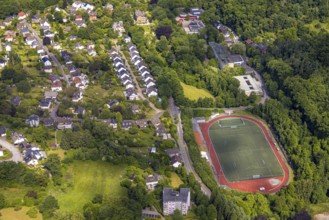 Aerial view, city of Velbert sports facility Nizzatal football stadium and athletics stadium,