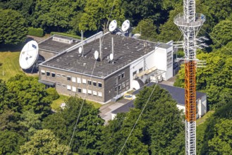 Aerial photo, radio masts Westdeutscher Rundfunk transmitter Langenberg in nature reserve, WDR
