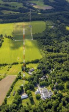 Aerial photo, radio masts Westdeutscher Rundfunk transmitter Langenberg in nature reserve, meadows