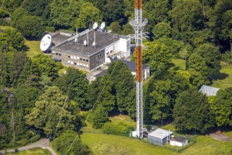 Aerial photo, radio masts Westdeutscher Rundfunk transmitter Langenberg in nature reserve, WDR
