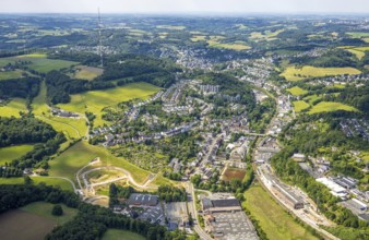 Aerial view, residential area local view Langenberg, hilly landscape and radio mast, below