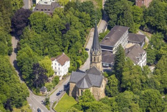 Aerial view, EventKirche Langenberg venue, catholic kindergarten and public library, Langenberg,