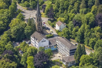 Aerial view, EventKirche Langenberg venue, catholic kindergarten and public library, Langenberg,