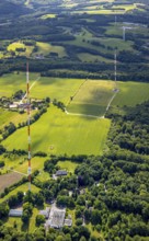 Aerial photo, radio masts Westdeutscher Rundfunk transmitter Langenberg in nature reserve, meadows