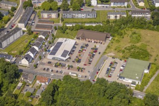 Aerial view, Aldi and Edeka supermarket at Rosenhügel, multi-family housing estate, Siebeneick,