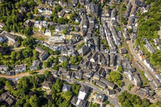 Aerial view, residential area old town with protestant old church Langenberg, below the catholic
