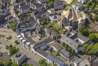 Aerial view, futuristic roof construction of the catholic church Mariendom, Franciscan monastery