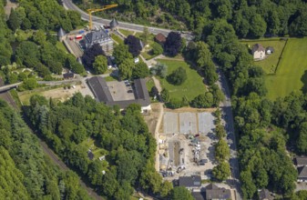 Aerial view, Hardenberg Castle with round towers, construction site with renovation and