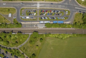 Aerial view, Velbert-Rosenhügel S-Bahn station with car park, cars and buses, Siebeneick,