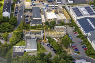 Aerial view, construction site and construction crane with new building Am Rosenkamp, Velbert, Ruhr