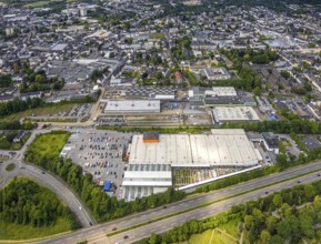 Aerial view, OBI Markt Velbert DIY store and commercial area Güterstraße, Velbert, Ruhr area, North