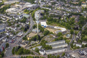 Aerial view, Primary school Kastanienallee, Telecommunication tower Velbert (Telebert) TV station,