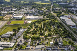 Aerial view, cemetery of the evang. Cemetery and chapel, EMKA sports centre and A535 motorway,