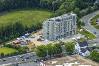 Aerial view, construction site with new hotel building on the corner of Flandersbacher Weg and