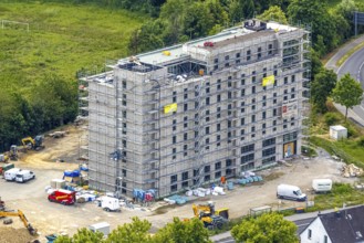Aerial view, construction site with new hotel building on the corner of Flandersbacher Weg and