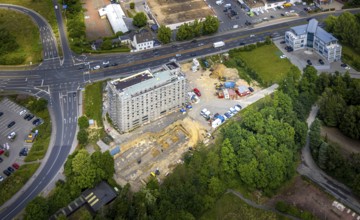 Aerial view, construction site with new hotel building on the corner of Flandersbacher Weg and