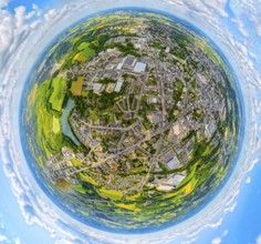 Residential area townscape Velbert with Nevigeser Straße, earth globe, fisheye, Velbert centre,