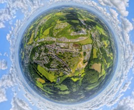 Residential area local view district Oberbonsfeld surrounded by meadows and fields, earth globe,