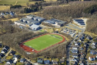 Aerial view, football stadium and athletics stadium of FC Sportfreunde Möllmicke e.V.,