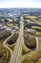 Aerial view, motorway junction Olpe-Süd with motorway A45 and motorway A4 and junction Wenden,