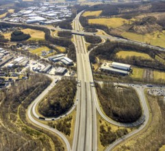 Aerial view, motorway junction Olpe-Süd with motorway A45 and motorway A4 and junction Wenden,