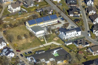 Aerial view, school family centre St. Severinus with solar roof, Agathastrasse, Möllmicke, Wenden,