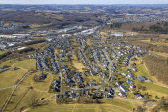 Aerial view, residential area local view Dahl Friedrichsthal, behind commercial area, Dahl, Olpe,
