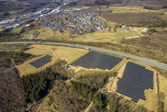 Aerial photo, solar park at Bieberg on the A4 motorway, Dahl, Olpe, Sauerland, North