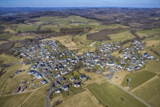 Aerial view, residential area, view of Thieringhausen, surrounded by meadows and fields, hilly