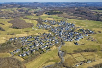 Aerial view, residential area, view of Thieringhausen, surrounded by meadows and fields, hilly
