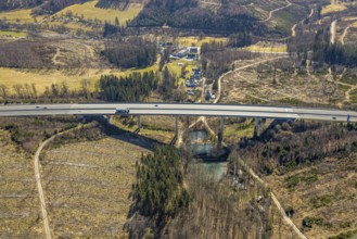 Aerial view, valley bridge of the A4 motorway, Zum Altenberg, ponds under the motorway, forest