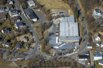 Aerial view, shopping centre with HIT supermarket, Wenden, Sauerland, North Rhine-Westphalia,