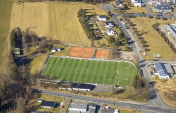 Aerial view, football stadium sports field Hünsborn and tennis courts TC Hünsborn, Hünsborn,
