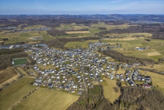 Aerial view, meadows and fields with distant view, football stadium sports field FC Altenhof,