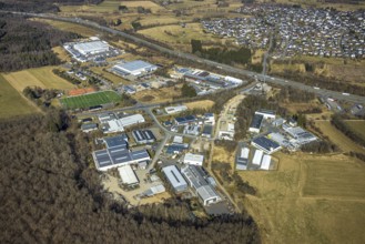 Aerial view, commercial area with sports field Hünsborn, Wenden, Sauerland, North Rhine-Westphalia,