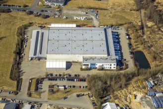 Aerial view, commercial area Hünsborn Süd-West Rheinauer Straße with Wesco KG wholesaler, Hünsborn,
