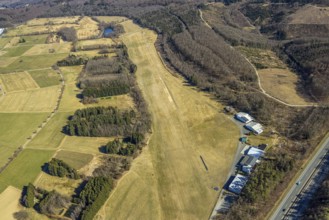 Aerial view, Hünsborn airfield runway and landing strip, forest area and motorway A45, Hünsborn,