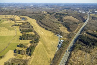 Aerial view, Hünsborn airfield runway and landing strip, forest area and motorway A45, Hünsborn,