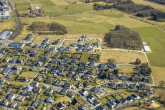 Aerial view, residential area, new construction single-family house, housing estate Über der Delle