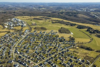 Aerial view, residential area, new construction single-family house, housing estate Über der Delle